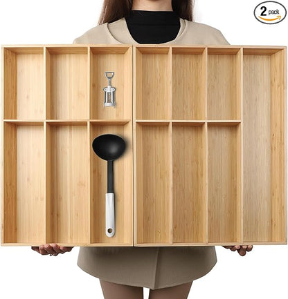 BAMOTTO CRAFTBAMBOO 13 Slot V-Shaped Bamboo Drawer Organizer Set of 2, Extra Large Cutlery Tray - Easy Reach Flatware Silverware Utensil Storage for Kitchen (19.6"x14.6" & 19.6"x12.4")
