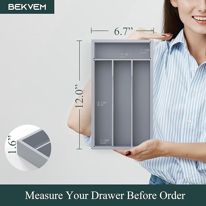 Silverware Organizer, Bamboo Kitchen Drawer Organizer, Utensil Holder, Cutlery Tray & Spoon Flatware Storage with Grooved Drawer Dividers (Grey, 6.7''W x 12''D)