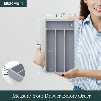 Silverware Organizer, Bamboo Kitchen Drawer Organizer, Utensil Holder, Cutlery Tray & Spoon Flatware Storage with Grooved Drawer Dividers (Grey, 6.7''W x 12''D)