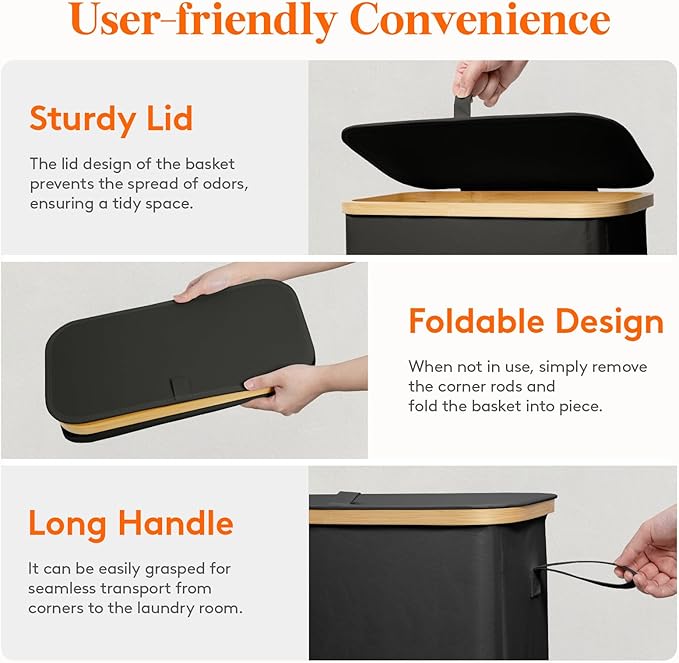 Lifewit 65L Slim Laundry Hamper with Lid, Narrow Laundry Basket with Removable Bag & Bamboo Handles, Fodable Thin Dirty Clothes Hamper for Laundry Collapsible Bin for Bathroom Bedroom Dorm, Black