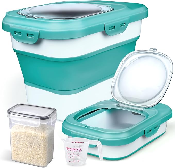 Komzon Rice Storage Container, Collapsible Airtight Food Storage Containers 6-20 Lbs, Rice Dispenser with Measuring Cup and Small Bin for Flour Cereal Pasta Grain, Cat Pet Dog Bird Food Container