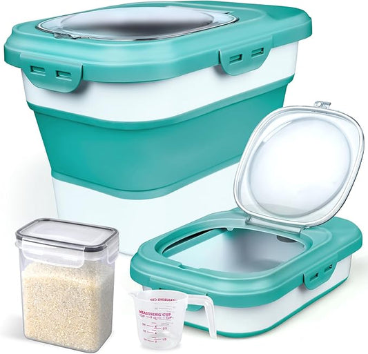 Komzon Rice Storage Container, Collapsible Airtight Food Storage Containers 6-20 Lbs, Rice Dispenser with Measuring Cup and Small Bin for Flour Cereal Pasta Grain, Cat Pet Dog Bird Food Container