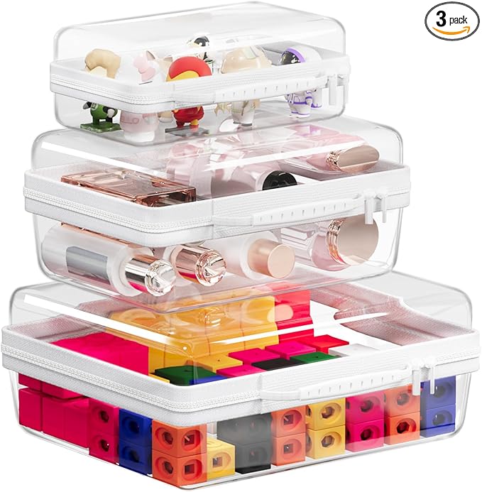 3PCS Clear Hard Shell Zipper Case, Portable Storage Box for Makeup, Toiletry, Travel, Durable and Waterproof Storage Bins, Grade Plastic Zipper Case, Cosmetic Bag (White)
