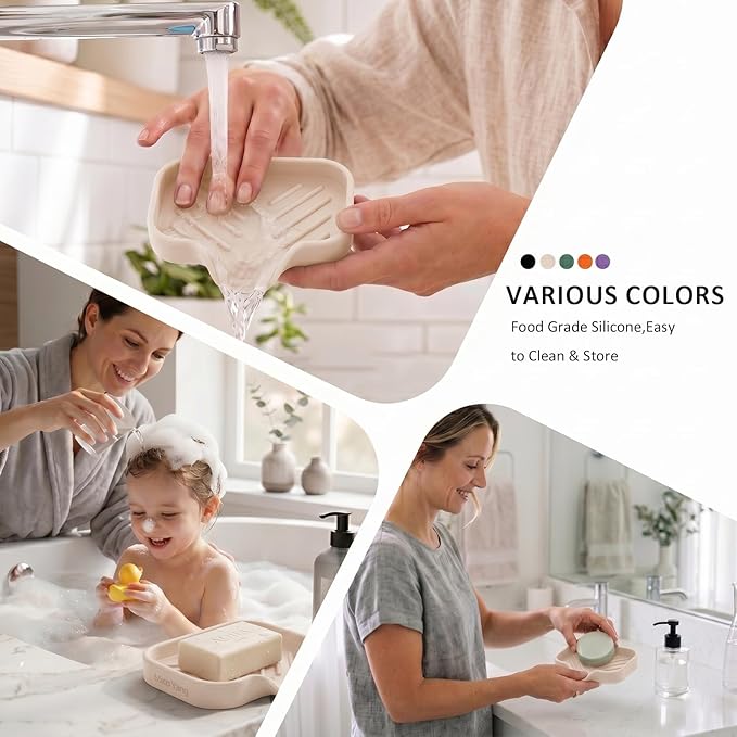 MicoYang Silicone Bathroom Soap Dishes with Drain Spout-Bathroom and Kitchen Sink Organizer,Sponge Holder,Dish Soap Tray,Perfect for Dispenser,Scrubber,Bottle,Cup on Sink or Counter-Tapioca 4.9"×3.2"