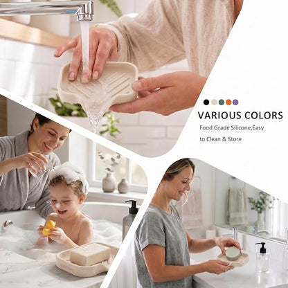 MicoYang Silicone Bathroom Soap Dishes with Drain Spout-Bathroom and Kitchen Sink Organizer,Sponge Holder,Dish Soap Tray,Perfect for Dispenser,Scrubber,Bottle,Cup on Sink or Counter-Tapioca 4.9"×3.2"