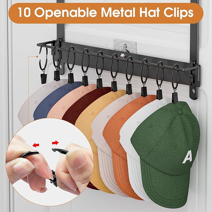 3 Tier Over Door Hat Organizer with Basket, Hat Rack for Baseball Cap with 18 Hooks and 10 Movable Clips,Hat Hanger Storage Holds up to 30+ Caps for Door, Bedroom, Closet (Black)