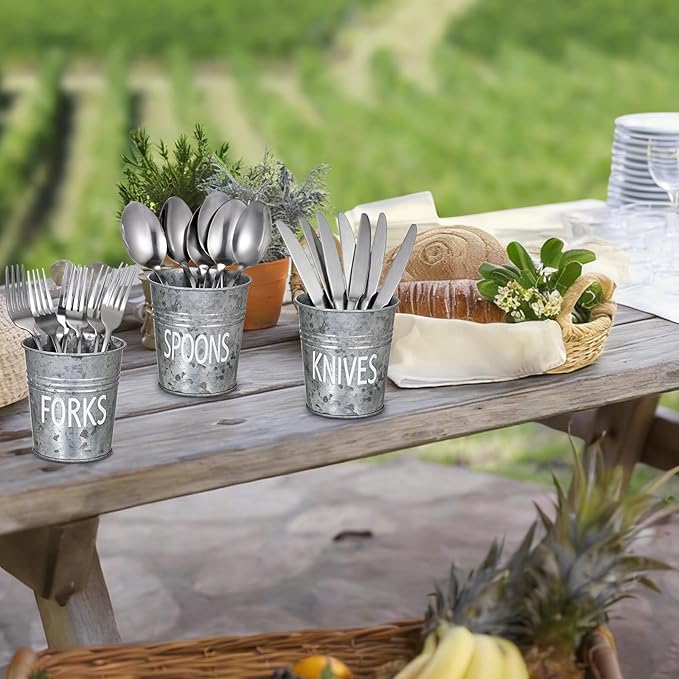 JUXYES Set of 3 Farmhouse Metal Tin Bucket Utensil Holder - Antique Silverware Caddy for Kitchen Countertop - Rustic Flatware Cutlery Caddy Silverware Holder Spoon, Fork & Knife Organizer for Parties