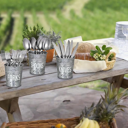 JUXYES Set of 3 Farmhouse Metal Tin Bucket Utensil Holder - Antique Silverware Caddy for Kitchen Countertop - Rustic Flatware Cutlery Caddy Silverware Holder Spoon, Fork & Knife Organizer for Parties