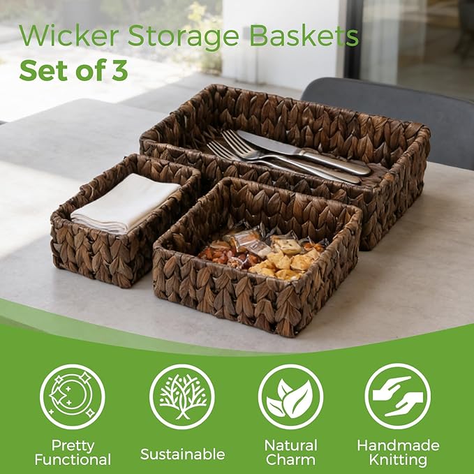 Wicker Storage Baskets Set of 3, Handwoven Water Hyacinth Baskets for Organizing, Large and Small Wicker Baskets Set, Decorative Natural Woven Baskets 3Pack for Pantry Shelves, Dark Brown