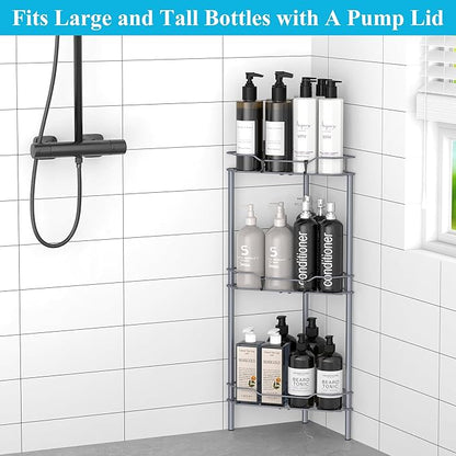 HuggieGems 3 Tier Floor Standing Corner Shower Caddy Organizer Shelf with Hooks, Bathroom Shelves Stand Rack, Dark Gray