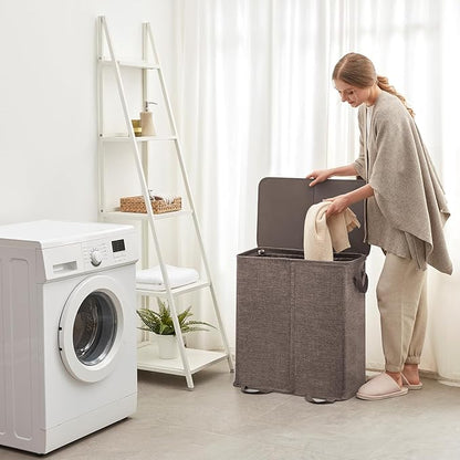 Lifewit Double Laundry Hamper with Lid and Removable Laundry Bags, Large Collapsible 2 Dividers Dirty Clothes Basket with Handles for Bedroom Laundry Room Closet Bathroom College, 136L Brown