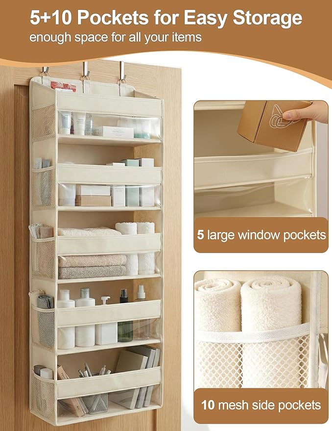 Over the Door Organizer 5-Shelf Closet Hanging Storage with 10 Mesh Pockets, 50 lbs Weight Capacity Door Organizer Hanging for Bathroom, Bedroom, Baby Nursery and Pantry, Ivory