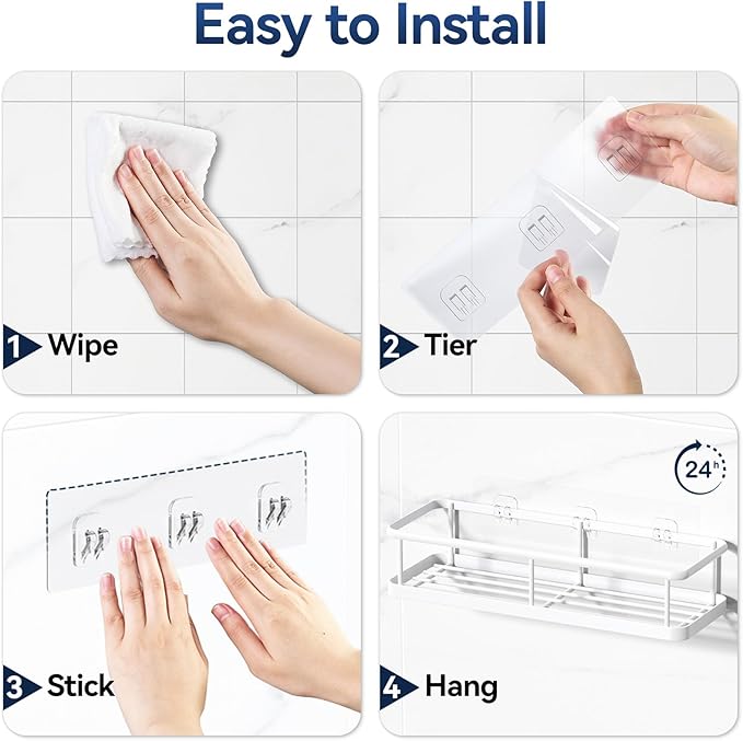 YASONIC Shower Caddy Adhesive, No Drill Bathroom Shower Organizers, with Removable Hooks and Soap Holder, Rust Proof Shower Shelves, Wall-Mounted Shower Holder, White, 3 Pack, YS-K-419E