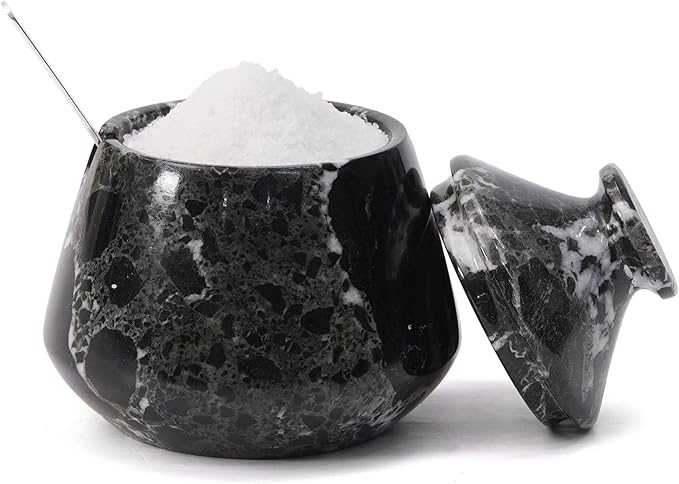Marble Salt Cellar with Lid & Spoon Black 3" Inches Stone Salt Holder for Countertop, Salt and Spice Jar Salt Box Seasoning Containers, Kitchen Decor, 3 OZ Capacity