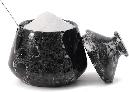 Marble Salt Cellar with Lid & Spoon Black 3" Inches Stone Salt Holder for Countertop, Salt and Spice Jar Salt Box Seasoning Containers, Kitchen Decor, 3 OZ Capacity