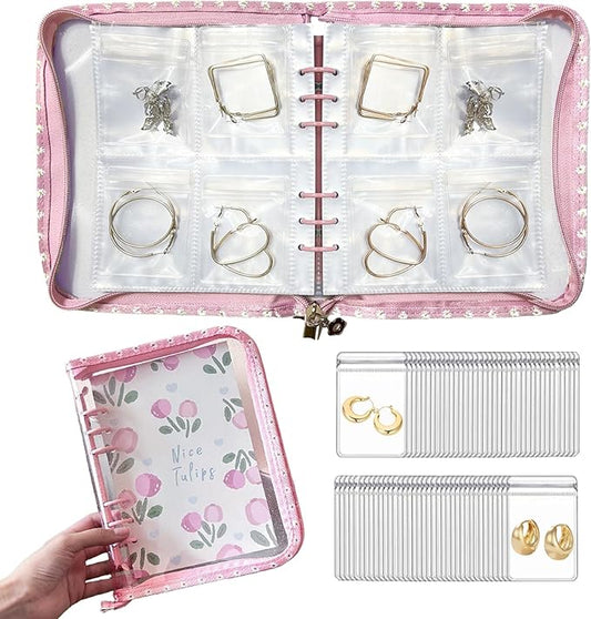 Jewelry Organizer Travel,Jewelry Storage Book with 80 Small PVC pouches,Portable Jewelry Organizer Zipper Bags for Necklaces Bracelet Rings and Earrings (front cover removable),Pink