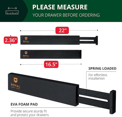 Bamboo Drawer Dividers Organizers, Adjustable Drawer Separator Splitters, 17–22 Inches Expandable Drawer Divider Organizer for Large Utensils, Kitchen, Bedroom, Dresser & Office Drawers 4-Pack, Black