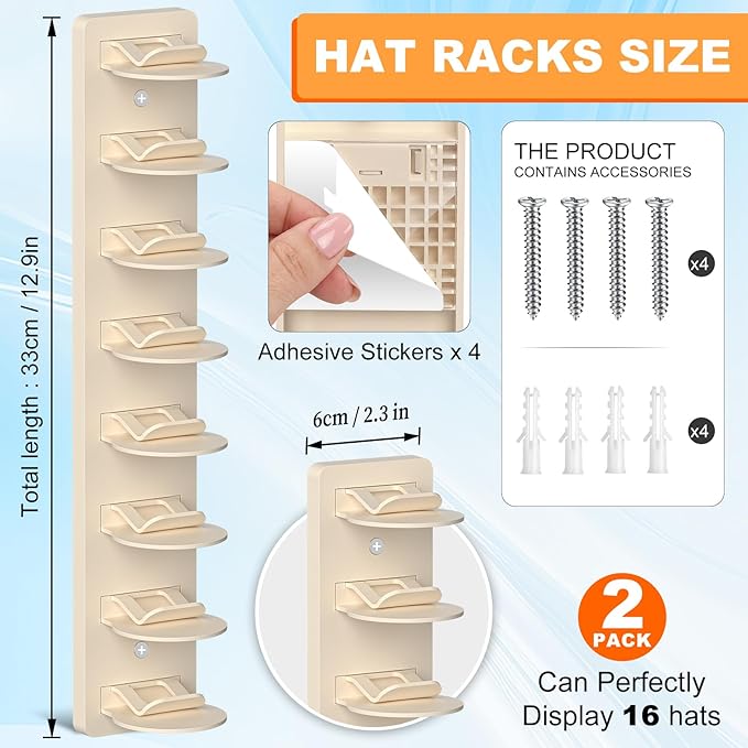2 Pack Hat Organizer for Baseball Caps, Hat Rack for Wall, Strong Adhesive & Screw-in Cap Holder Hat Hangers for Closet Door & Bedroom (Beige-2Pack)