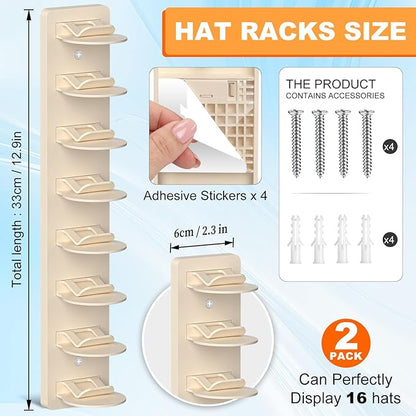2 Pack Hat Organizer for Baseball Caps, Hat Rack for Wall, Strong Adhesive & Screw-in Cap Holder Hat Hangers for Closet Door & Bedroom (Beige-2Pack)