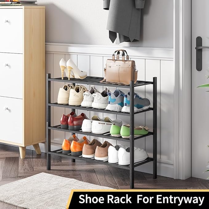 4-Tier Bamboo Shoe Rack for Entryway, Stackable | Heavy Duty | Multi-Function, Free Standing Shoe Racks for Bedroom Hallway Closet（Black）