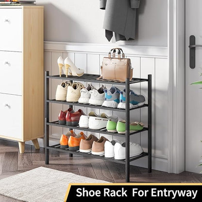 4-Tier Bamboo Shoe Rack for Entryway, Stackable | Heavy Duty | Multi-Function, Free Standing Shoe Racks for Bedroom Hallway Closet（Black）