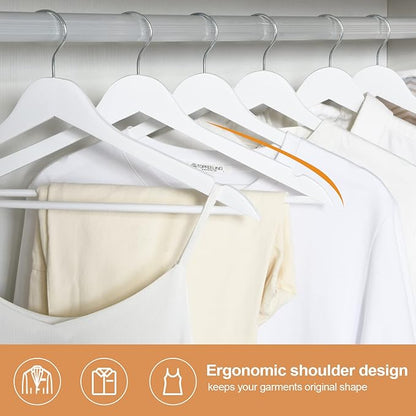 Wooden Hangers 20 Pack, Wood Hangers with Extra Smooth Finish, Precisely Cut Notches & Chrome Swivel Hook, Wooden Clothes Hangers for Shirt Coat Jacket Dress, White
