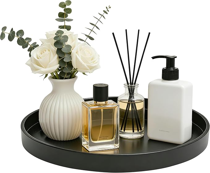 2 Pack 11" Bathroom and Vanity Tray, ABS Bathroom Counter Organizer, Coffee Table Decor for Perfume, Candles, Keys &More. Kitchen Countertop Organizer, Decorative Tray Soap Holder, Black