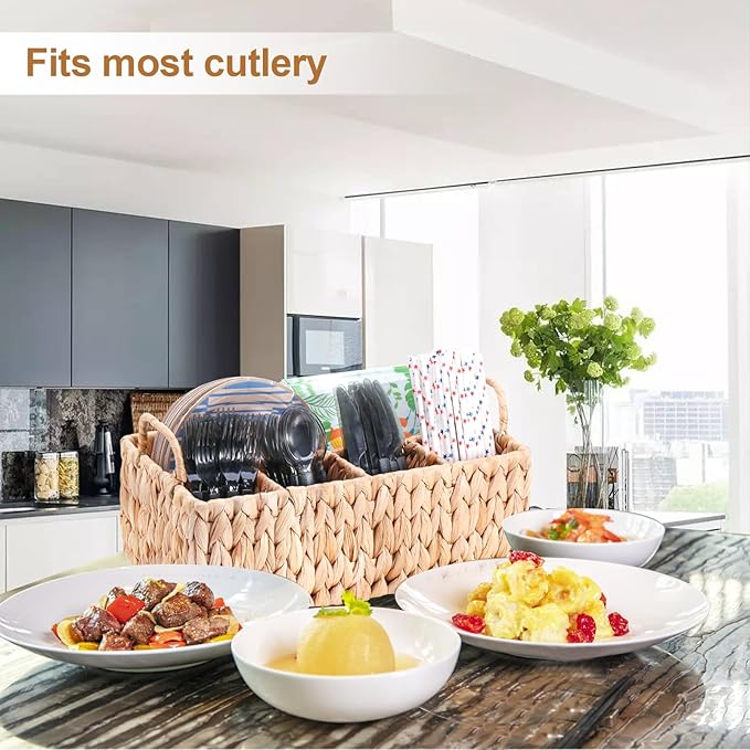 Wicker Party Silverware Caddy, Water Hyacinth Plastic Cutlery Utensil Holder, Hand Woven with Handles, Kitchen Countertop and Picnic flatware Organizer (5 compartments)