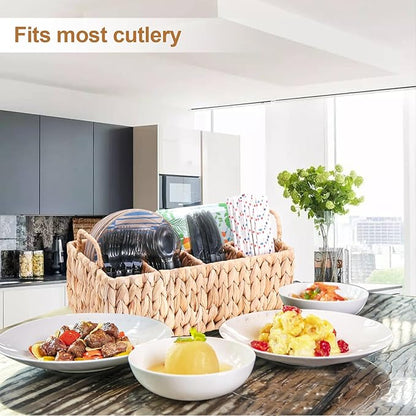 Wicker Party Silverware Caddy, Water Hyacinth Plastic Cutlery Utensil Holder, Hand Woven with Handles, Kitchen Countertop and Picnic flatware Organizer (5 compartments)