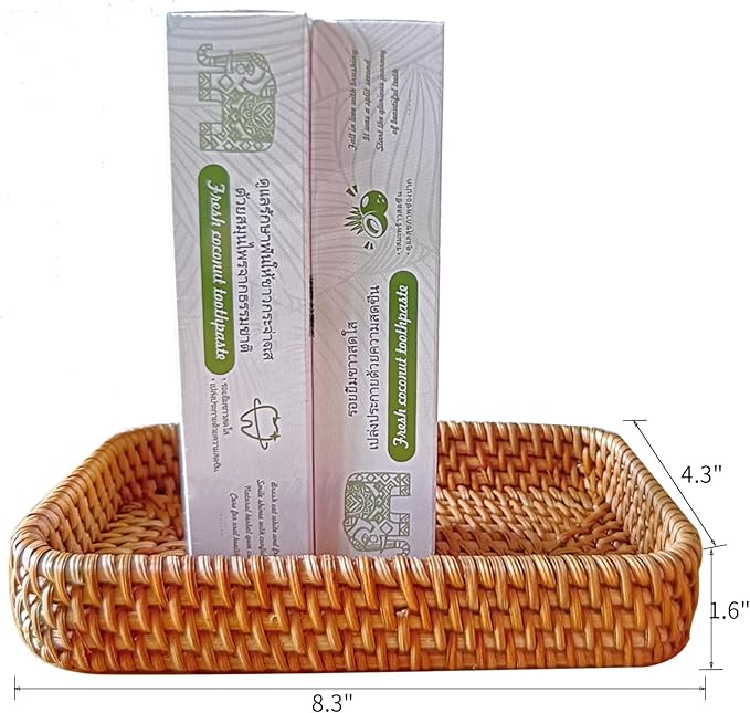 Rattan Bathroom Trays 8.3" x 4.3" x 1.6" Small Bathroom Basket, Toilet Tank Baskets Organizing Rattan Bathroom Vanity Trays Toilet Tank Tray for Decorative, Storage (Natural)