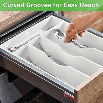 Greenual White Silverware Organizer 10 In Utensil Organizer Silverware Tray for Drawer Cutlery Flatware Organizer for Kitchen Bamboo Wood