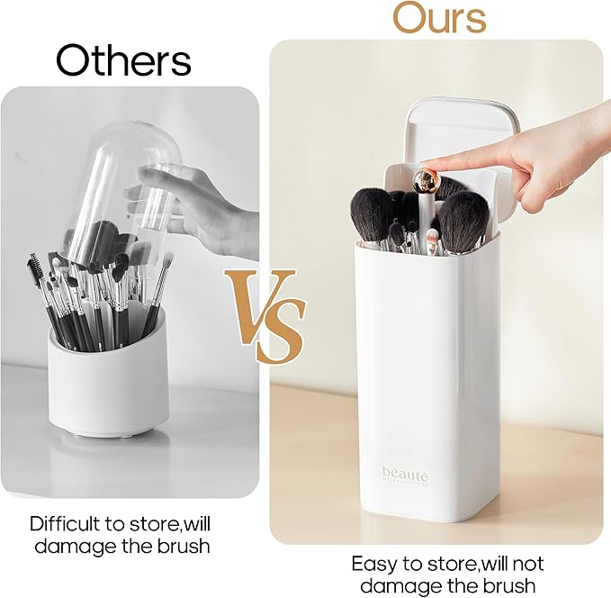 Osuke Makeup Brush Holder with Lid Cosmetic Tools Organizer,One Touch Open 4 Slot Makeup Brush Case with Waterproof Dustproof, Cosmetic Storage for Dresser Vanity and Bathroom Countertop
