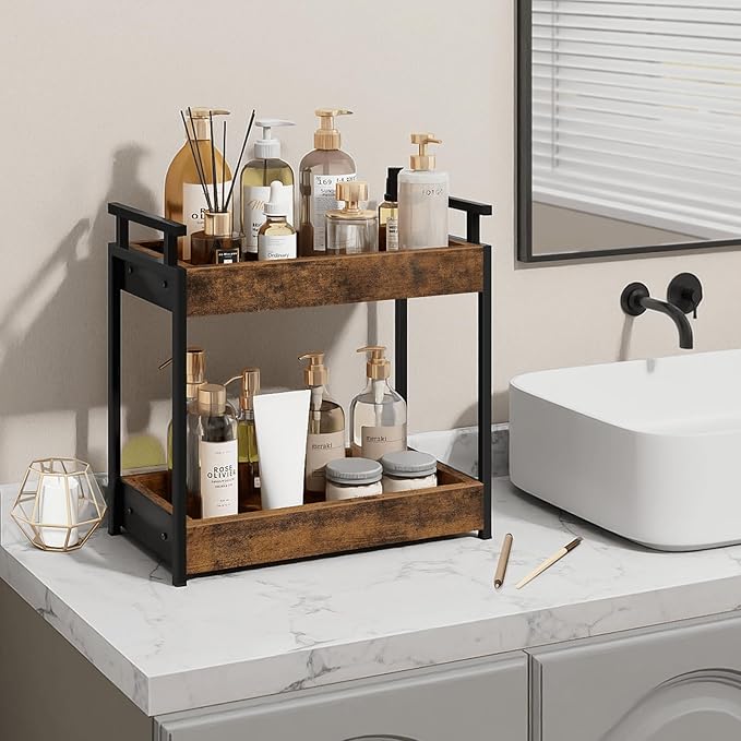 Bathroom Countertop Organizer, 2 Tier Counter Organizers and Storage for Bathroom Sink Dresser, Wooden Standing Vanity Shelf Tray for Makeup Perfume Skincare, Rustic Brown