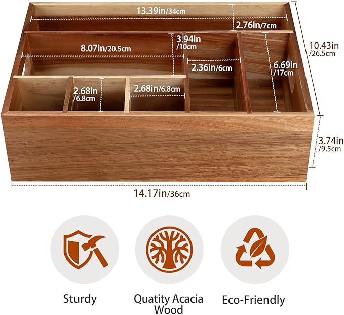 Acacia Wood Utensil Holder for Party, Paper Plate Organizer Silverware Caddy with 6 Compartments for Plate, Cup, Fork, Spoon, Cutlery Holder Countertop for Kitchen Camping Buffet