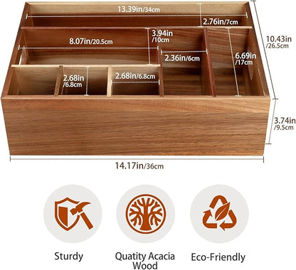 Acacia Wood Utensil Holder for Party, Paper Plate Organizer Silverware Caddy with 6 Compartments for Plate, Cup, Fork, Spoon, Cutlery Holder Countertop for Kitchen Camping Buffet