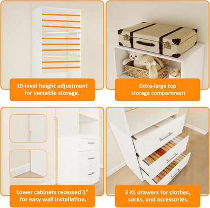 Closet System with 6 Drawers & 8 Shelves, Wood Closet Organizer System with 2 Extra Hanging Rod for Walk in Closet, Modular Closet Organizer System White(4FT)