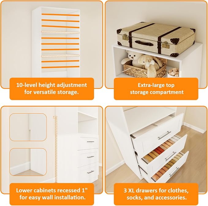 Closet System with 3 Drawers & 4 Shelves, Wood Closet Organizer System with 1 Extra Hanging Rod for Walk in Closet, Modular Closet Organizer System White(2FT)
