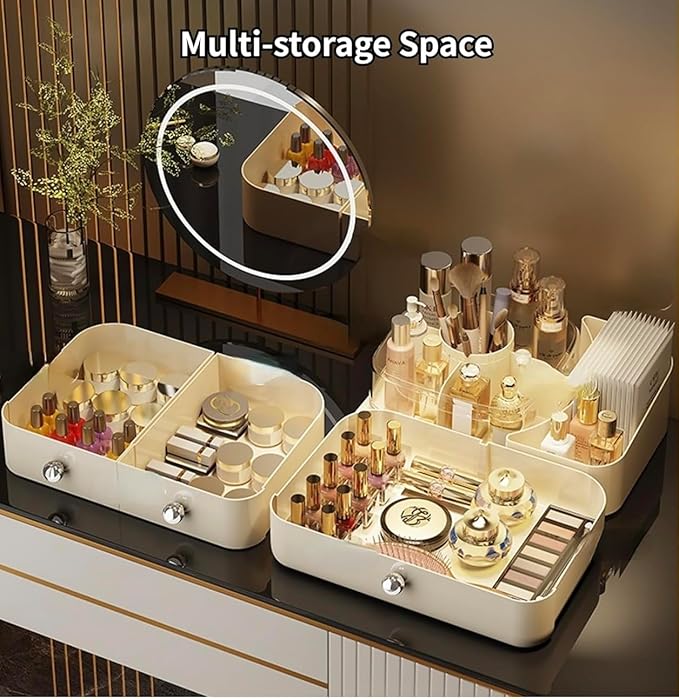 Cosmetic Organizer with 3 Drawers, Makeup Storage Display Case, White Vanity Beauty Container, Chrome Knobs