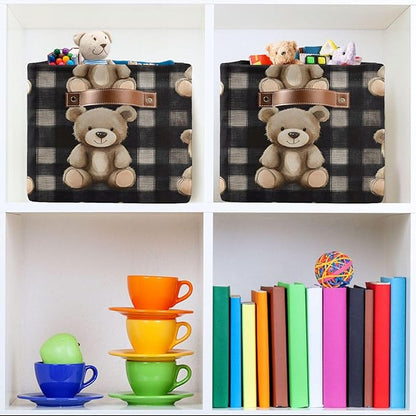 Large Storage Basket Bears Gingham Pattern Storage Bin Cube Canvas Fabric Organizer Handles Collapsible for Clothes Toys Bedroom Decorative