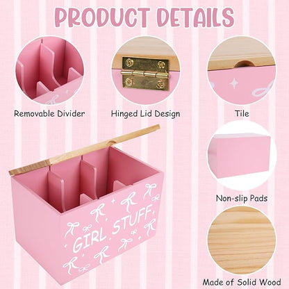 JarThenaAMCS Tampon Holder for Bathroom Pad Organize Case with Lid Coquette Pink Bow Feminine Product Tampon Storage Girl Stuff Box for Bathroom Accessories