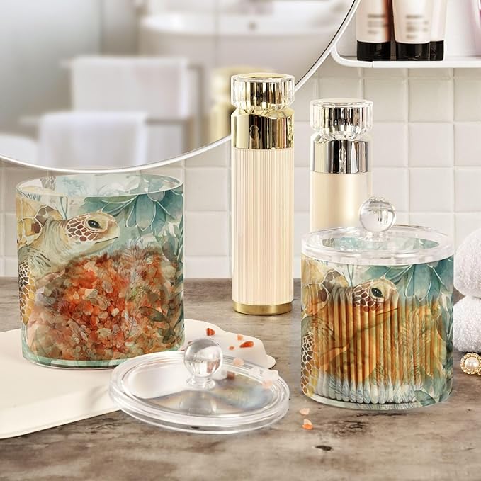 2 Pack Qtip Dispenser Apothecary Jars with Lids Cotton Round Holder Bathroom Canisters for Cotton Swab Floss Ball Pads Clear Plastic Decorative Sea Turtle Starfish Plants
