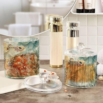 2 Pack Qtip Dispenser Apothecary Jars with Lids Cotton Round Holder Bathroom Canisters for Cotton Swab Floss Ball Pads Clear Plastic Decorative Sea Turtle Starfish Plants