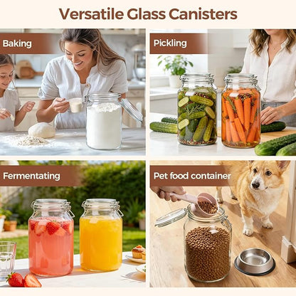 ComSaf 1.1 Gallon Glass Jars with Airtight Lids (138oz, Set of 2), 4-Inch Extra-Wide Mouth Heavy Duty Canisters for Bulk Flour, Sugar & Rice Storage, Ideal for Kombucha, Kimchi, Sauerkraut & Pickling
