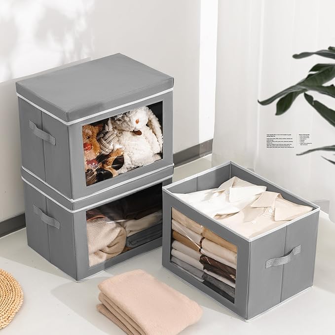 Homsorout Large Storage Bins with Lids - Fabric Storage Cubes with Window, Collapsible Bins for Clothes, 15.7 Inch Large Baskets for Bedroom, Dorm, Office, Grey, 6 Pack