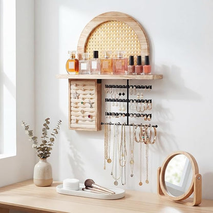 AceOrbit Hanging Jewelry Organizer Wall Mounted with Rustic Wood Rattan Shelf Wooden Ring Display Box Large Boho Jewelry Holder for Necklaces Bracelet Earrings Rings Storage