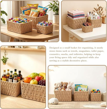 Small Wicker Basket 3-Piece Set: Handwoven Natural Paper Rope Storage Baskets for Organization, Storage, and Home Decor（Includes 3 ribbons to make your basket even more decorative）