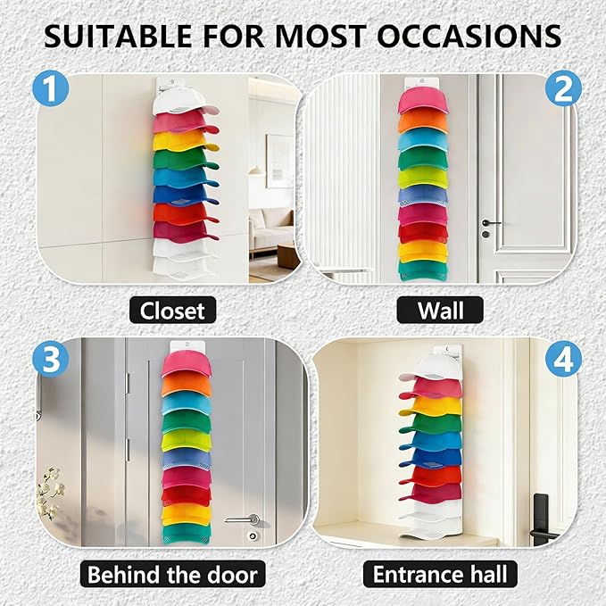 Hat Organizer for Baseball Caps with Built Spring Clips 2 Packs - Wall Mount Closet Hat Rack Holder, Storage for Wall Door/Closet Display Hat Racks Hanger (Strong Adhesive & Screws) White