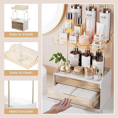 Delamu Bathroom Organizers and Storage, 2 Tier 3 Drawer Makeup Organizer Countertop, Easy to Install, Ideal for Bathroom Counter, Vanity, Ideal Gifts for Women Girls, Amber
