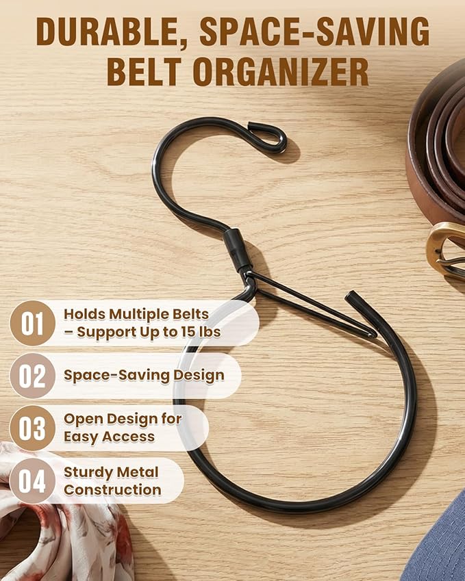 Supforce 4 Pack Belt Hanger, 360° Swivel Belt Hanger for Closet, Belt Organizer for Closet, Holds Ties, Scarves, Bags, Hat & Accessories, Black