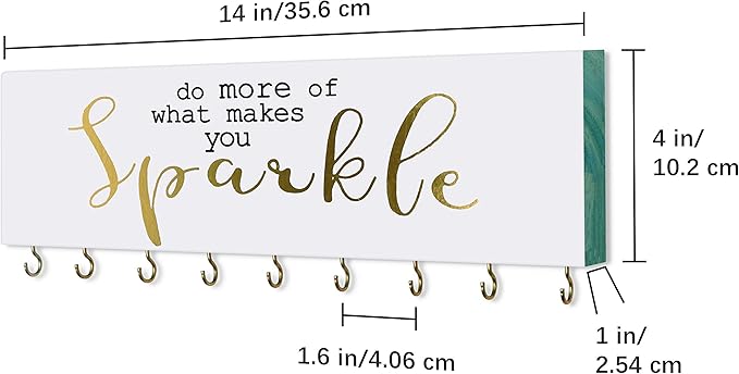 SANY DAYO HOME Do More of What Makes You Sparkle Wall Mount Necklace Holder Organizer with 9 Jewelry Hooks for Ring, Hair Bow, Headband, Purse - Wall Decor for Girls Room